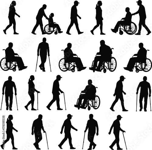 Mobility diversity silhouettes, accessibility illustration, walking and assisted movement, inclusive vector set, healthcare concept, black and white, rehabilitation scene