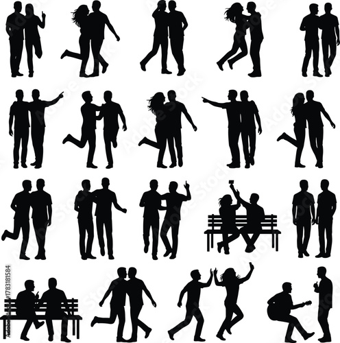 Silhouette pairs, social interaction poses, dynamic duo illustration, expressive body language, vector art, companionship scenes, black and white grid