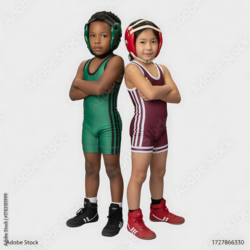 Two young wrestlers, a boy and a girl, posing with arms crossed side by side