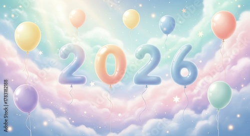 Happy New Year 2026 Celebration with Balloons and Clouds