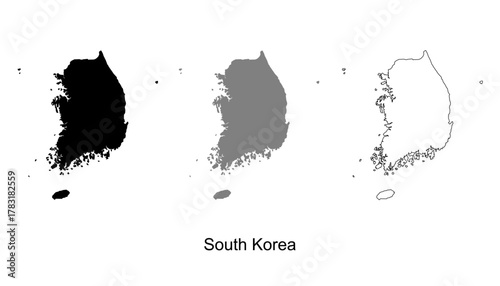 South Korea map set. South Korea map vector. South Korea map on silhouette, gray, and outline