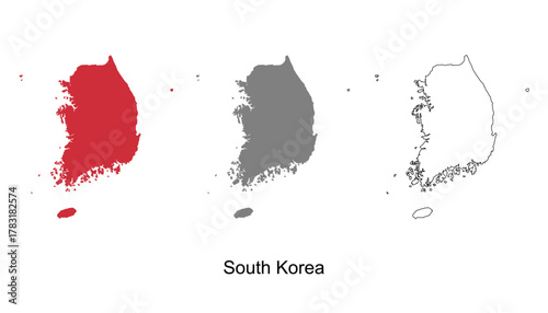 South Korea map set. South Korea map vector. South Korea map on red, gray, and outline