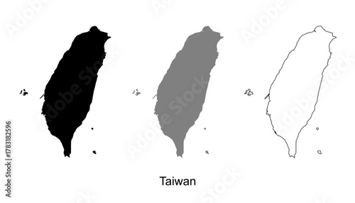 Taiwan map set. Taiwan map vector. Taiwan map on silhouette, gray, and outline