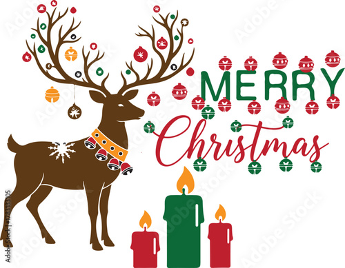 Features a decorated reindeer with "Merry Christmas" text and candles.