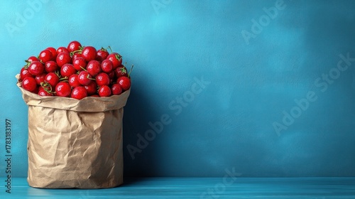 Fresh cherries in kraft paper bag on teal background