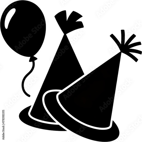 Party Essentials: Celebration icons of a balloon and two party hats. Perfect for conveying joy and festive spirit.