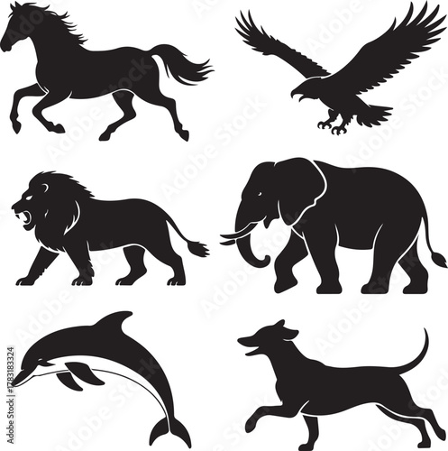 Wildlife animal silhouettes vector illustration of horse lion eagle and more