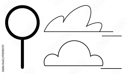 Magnifying glass observes stylized clouds, emphasizing focus and movement. Ideal for research, education, exploration, analysis, science, weather study and discovery themes. Minimalist flat metaphor