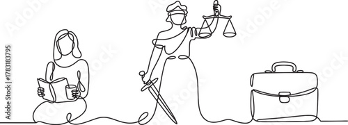 Single continuous line art illustrating legal education, justice principles, and professional law career development with symbolic elements Vector