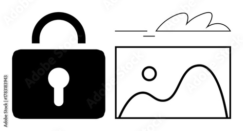Padlock representing security alongside a framed image with a landscape, symbolizing protected digital assets. Ideal for privacy, data protection, copyright, cybersecurity, secure storage