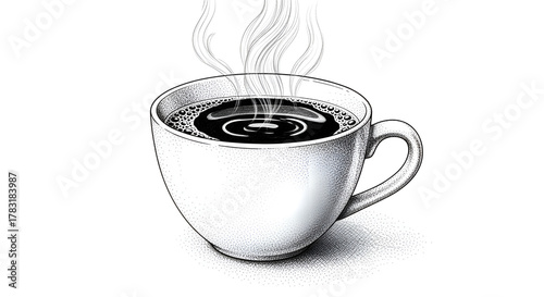 Realistic illustration of a cup of hot coffee with light steam on a plain white background