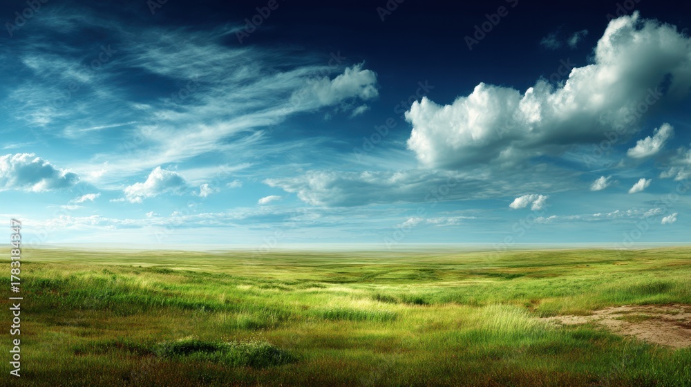 Obraz premium Vast Open Fields Under a Blue Sky with Fluffy Clouds and Lush Green Grass in a Serene Landscape Capturing Nature's Beauty and Tranquility