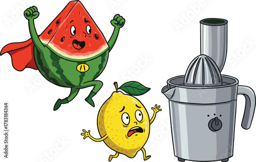 Funny cartoon watermelon superhero saving scared lemon from juicer machine, creative fruit character illustration, humorous healthy food art