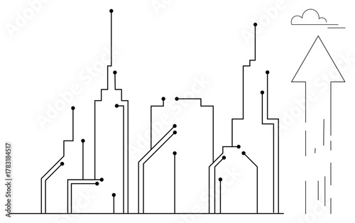 Minimalist city skyline with integrated circuit patterns and rising arrow symbolizing progress, technology, and innovation. Ideal for urban development, tech industry, growth, innovation
