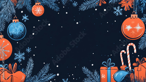 Festive Christmas border with decorative ornaments.  Orange and blue ornaments, gifts, snowflakes, and candy canes on a dark navy background