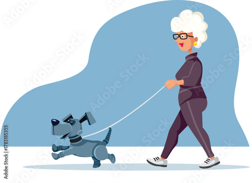 Senior Lady Having a Robot Companion Dog Vector Cartoon. Granny having emotional support and care from a robotic device 
