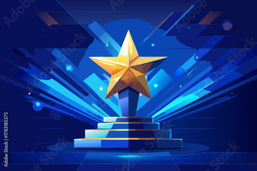 Golden star award on a blue podium with radiant light rays