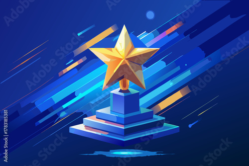 Golden star trophy on a blue pedestal with abstract streaks of light