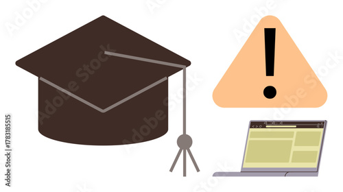 Graduation cap for education, caution sign for challenges, and a laptop for online learning. Ideal for education, e-learning, warning, student struggles, caution, digital literacy academic hurdles