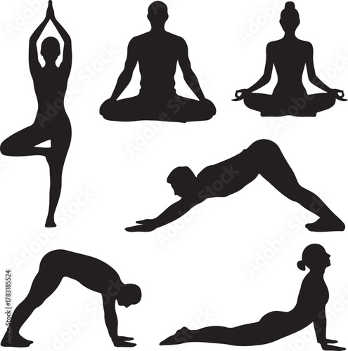 Yoga silhouettes collection various poses for wellness and flexibility practices