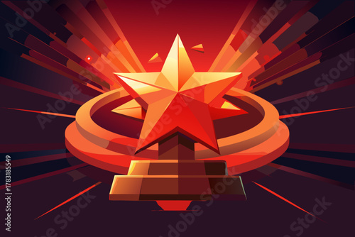 Glowing red star trophy on podium with radiant background