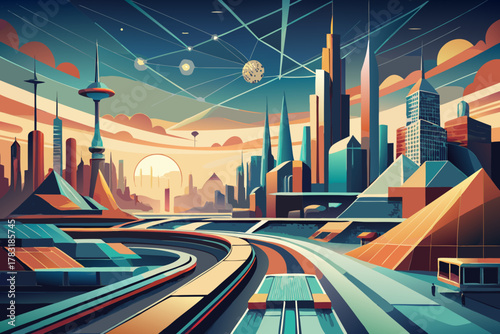 Futuristic city skyline with advanced transportation system at sunset