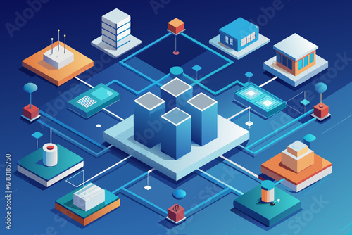 Isometric network of abstract buildings and data connections in blue