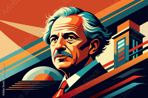 Stylized portrait of an elderly man with a moustache in geometric art style