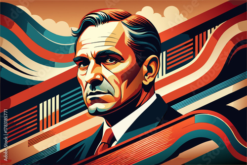 Stylized portrait of a serious man in a suit with abstract background
