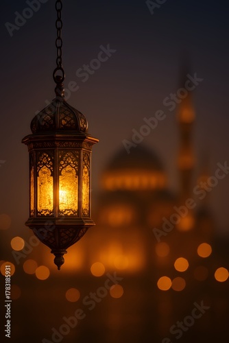 Traditional hanging Arabic lantern with glowing light and blurred mosque background for Ramadan
