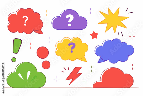 Colorful speech bubbles and symbols representing questions and ideas