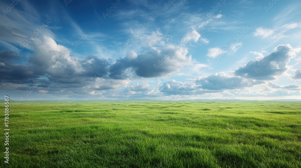 Fototapeta premium Expansive Green Field Under Dramatic Cloudy Sky with Sunlight Illuminating the Horizon in a Serene Landscape During Daytime