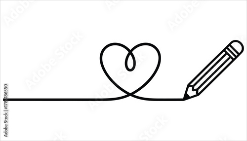 Black pencil drawing a continuous line heart shape on a white background love