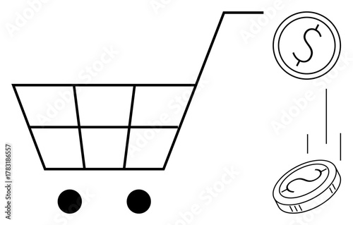 Minimalist shopping cart with two stacked coins falling beside it. Ideal for retail, commerce, spending, budgeting, economy, online shopping, customer savings. Clean simple flat metaphor