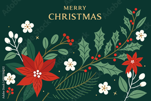 Merry christmas greeting card with poinsettias and holly berries