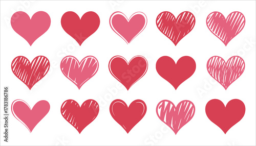 Fifteen red and pink hearts in various styles arranged in three rows on a white background love romance