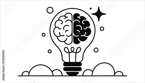 Black and white graphic illustration of a lightbulb containing a brain with clouds below and a starburst above