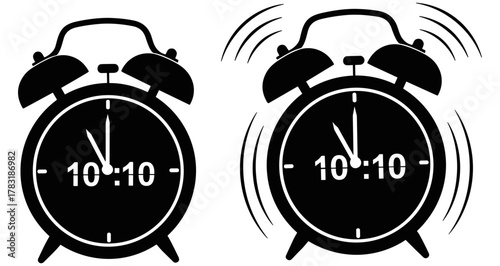 Twin-bell alarm clock illustration in black and white line art showing static and ringing clocks both displaying 10:10 time