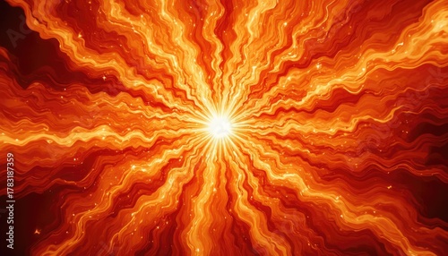 Bright light bursts from the heart of a fiery abstract figure.  Red energy swirls and forms intricate jagged patterns creating dynamic visual texture.  The predominant colors are warm orange and yello