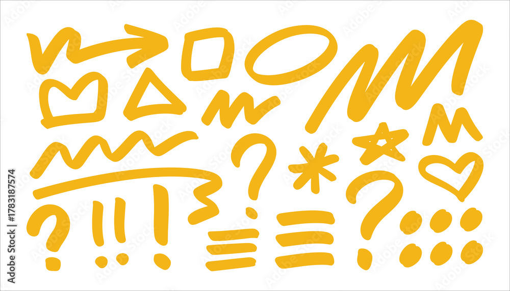 Obraz premium Collection of yellow hand drawn doodle shapes and symbols on white background vector