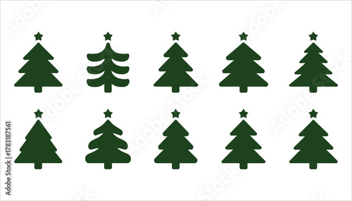 Ten dark green stylized Christmas trees with stars on white background pine tree fir tree