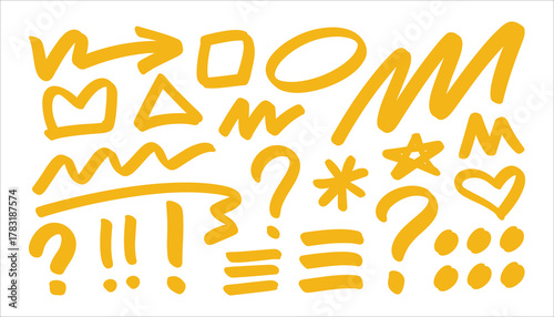 Collection of yellow hand drawn doodle shapes and symbols on white background vector