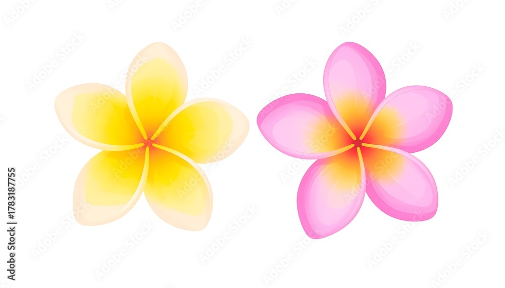 Naklejka premium Two stylized frangipani flowers, one yellow, one pink, on white