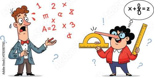 Funny math teachers cartoon illustration, geometry and equations, learning confusion, education humor, classroom problem, calculation, creativity, numbers, algebra, mathematics