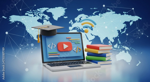Online education courses and e learning platform for students with graduation cap and books world map