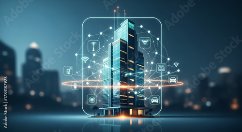 Smart city technology concept with building automation and iot connectivity solutions showcase design
