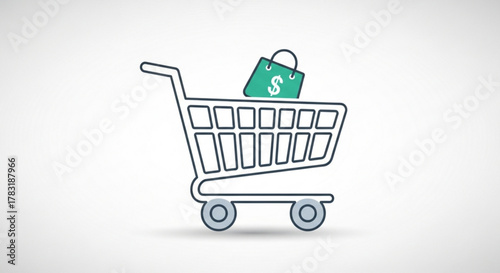 Shopping cart icon with money bag vector illustration for online store and ecommerce design concept