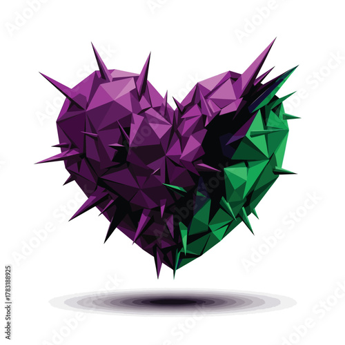A geometric low-poly heart, half purple and half green, covered in sharp spikes, floating with a shadow, representing complex emotions or pain.
