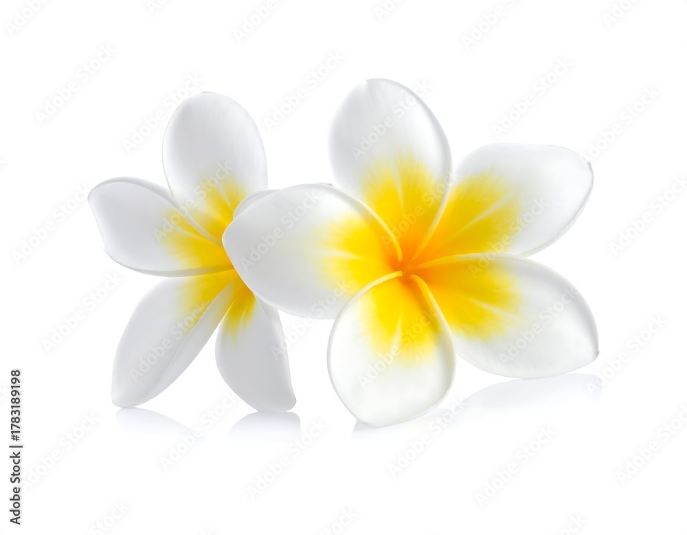 Fototapeta premium Two white and yellow flowers in a studio shot on a bright white surface