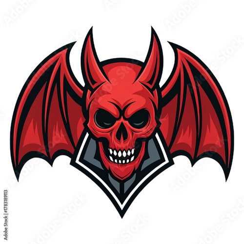 Vampire Bat Skull Mascot Logo Vector, Flat Esport Team Emblem Design with Solid Crimson and Black Fills and Bold Outline, Transparent Background

